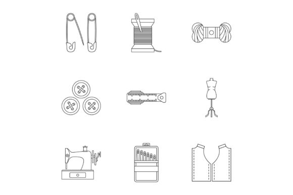 Embroidery Kit Icons Set Outline Style